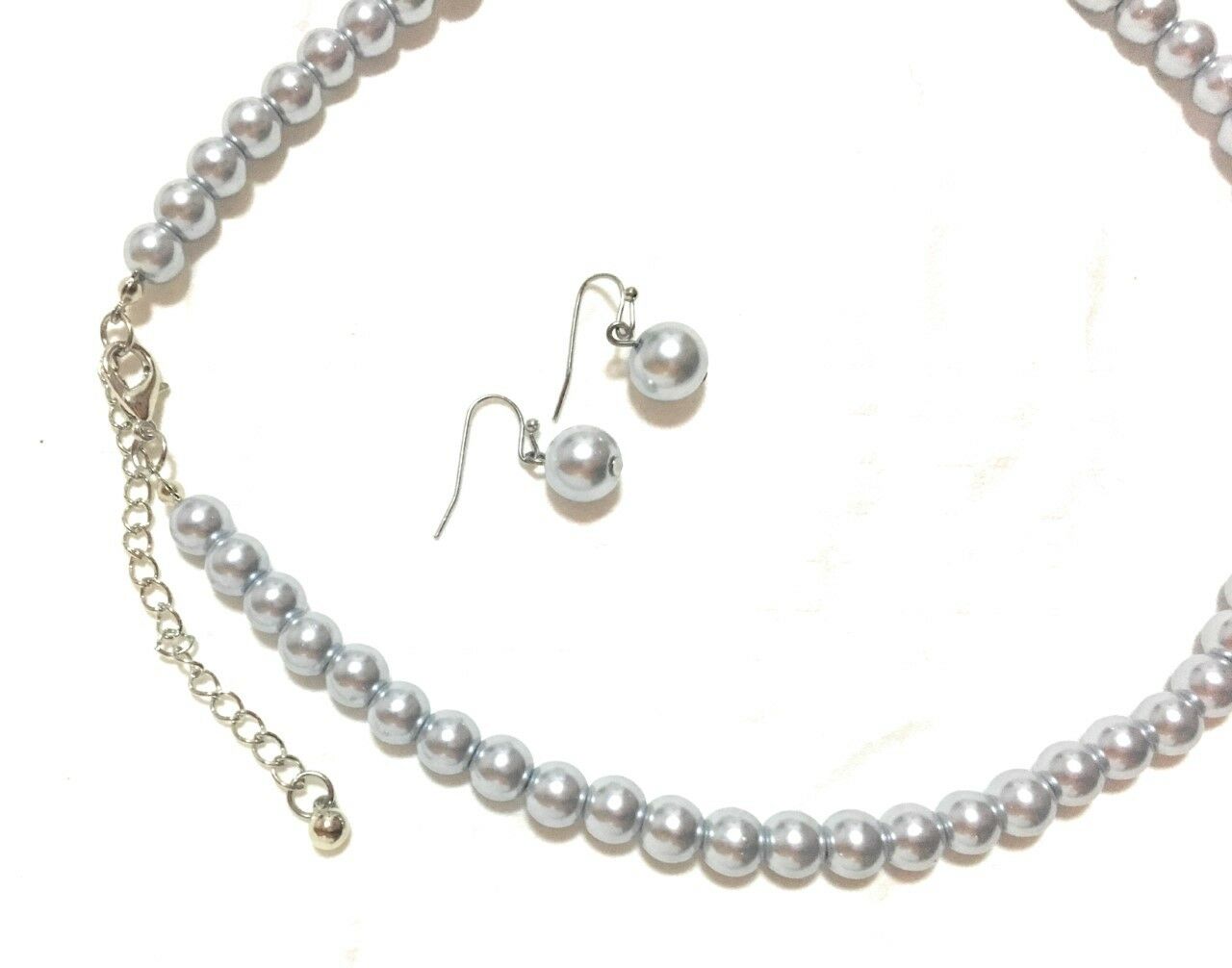 Silver Grey Faux Pearl Necklace Bracelet Earrings Wedding Bridal Jewellery Set