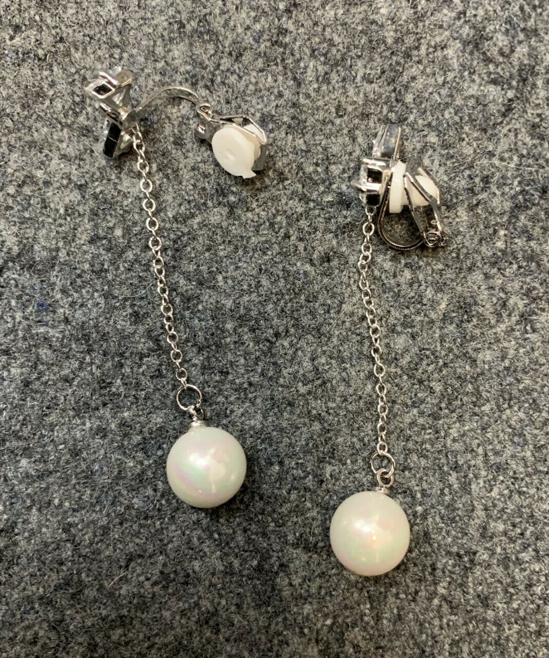 High Quality Silver Zircon Crystal Bow Shell Pearl Drop Dangle Clip On Earrings