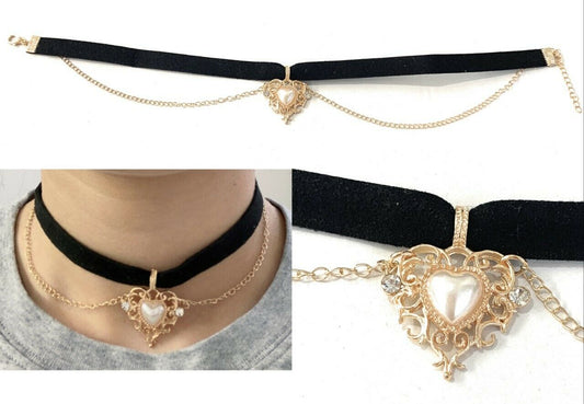 Retro Gothic Black Velvet Choker Necklace Gold Pearl Heart Chain Pendant Drop UK