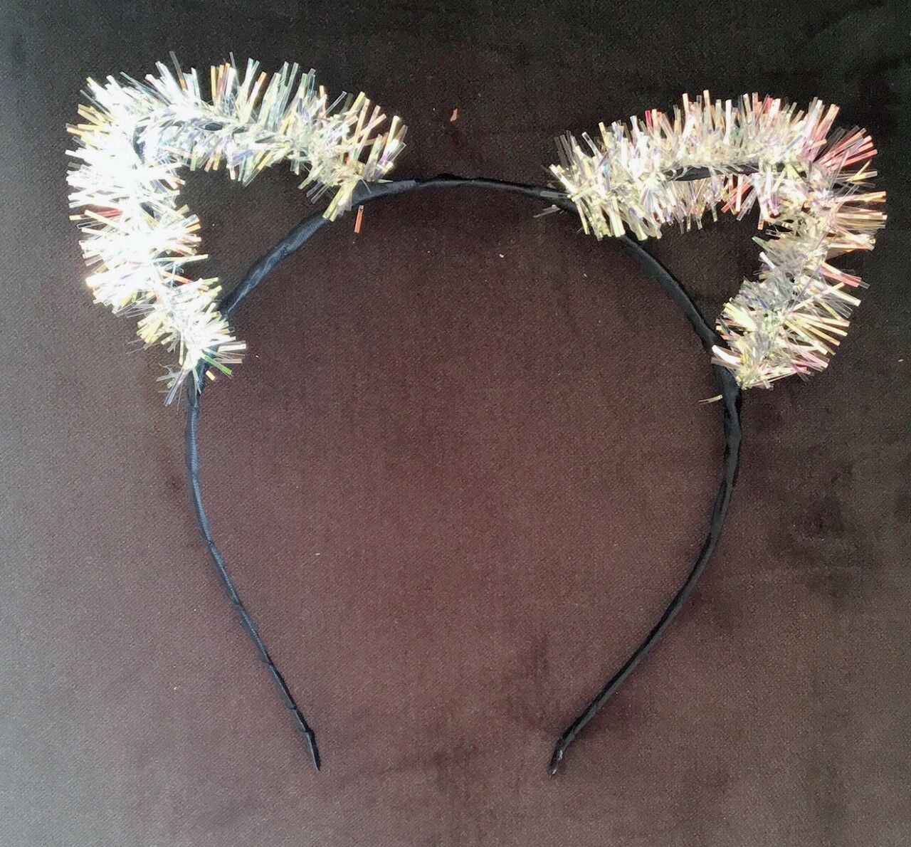 Girls Womans Silver Gold Tinsel CAT EARS Black HEADBAND Fancy Dress Party Xmas