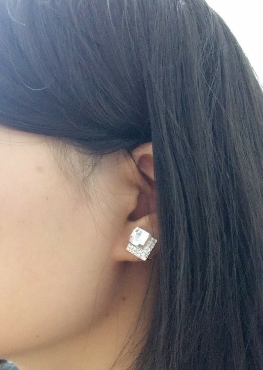 Girls Womans Square Crystal Diamante CLIP ON Earrings Studs