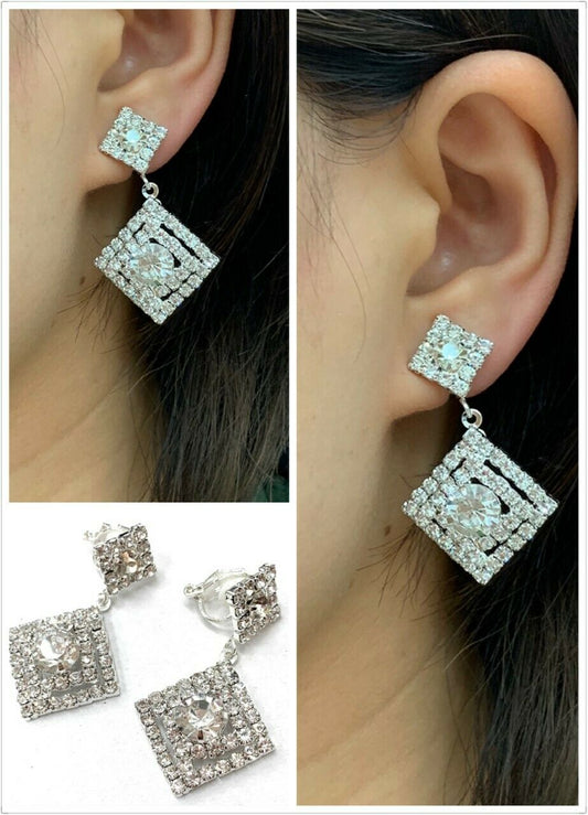 Silver Diamante Square Drop Dangle Clip On Earrings Crystal Bridal Non Pierced