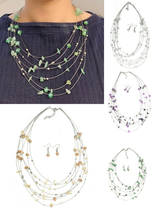 Natural Stone Crystal Multi Layer Bib Statement Necklace and Earrings Gift Set