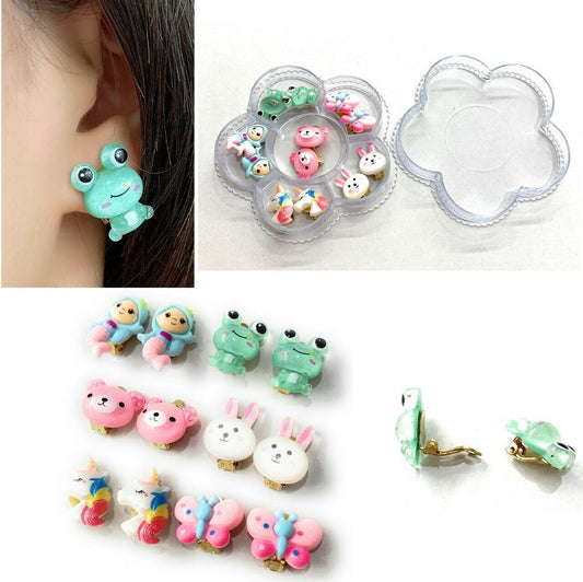 Children's Kids CLIP ON Earrings Studs - Unicorn Mermaid Xmas Bday Gift Box Set