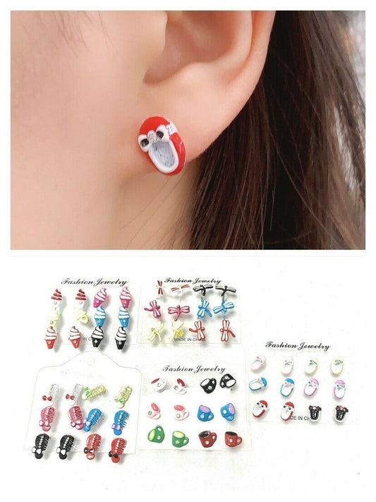 6 PAIRS GIRLS EARRINGS STUDS SET GIFT KIDS CHILDREN SHOES COMBS ICE-CREAM MUGS