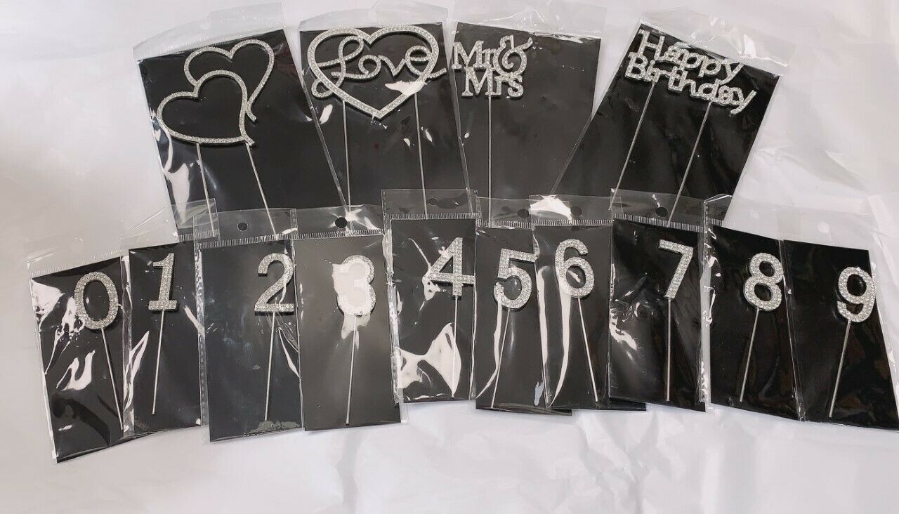 DIAMANTE RHINESTONE CRYSTAL CAKE TOPPER PICK Birthday Number Wedding Love Mr Mrs