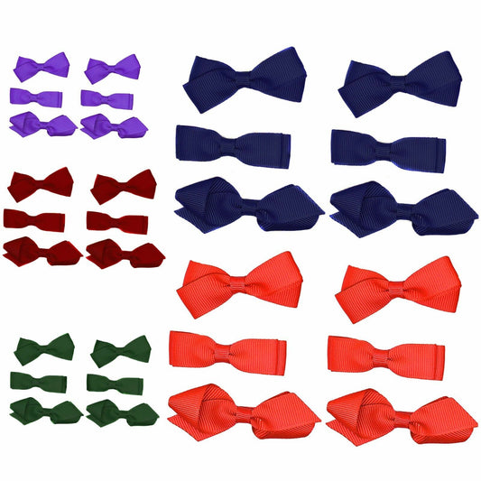 6 PIECE / 3 Pairs SET Kids School Colours Hair Bows Small Grosgrain Ribbon Clips