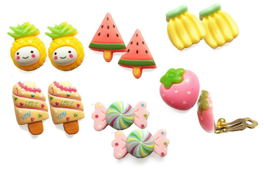 Children's Kids CLIP ON Earrings Studs - Fruits Treats Xmas Bday Gift Box Set