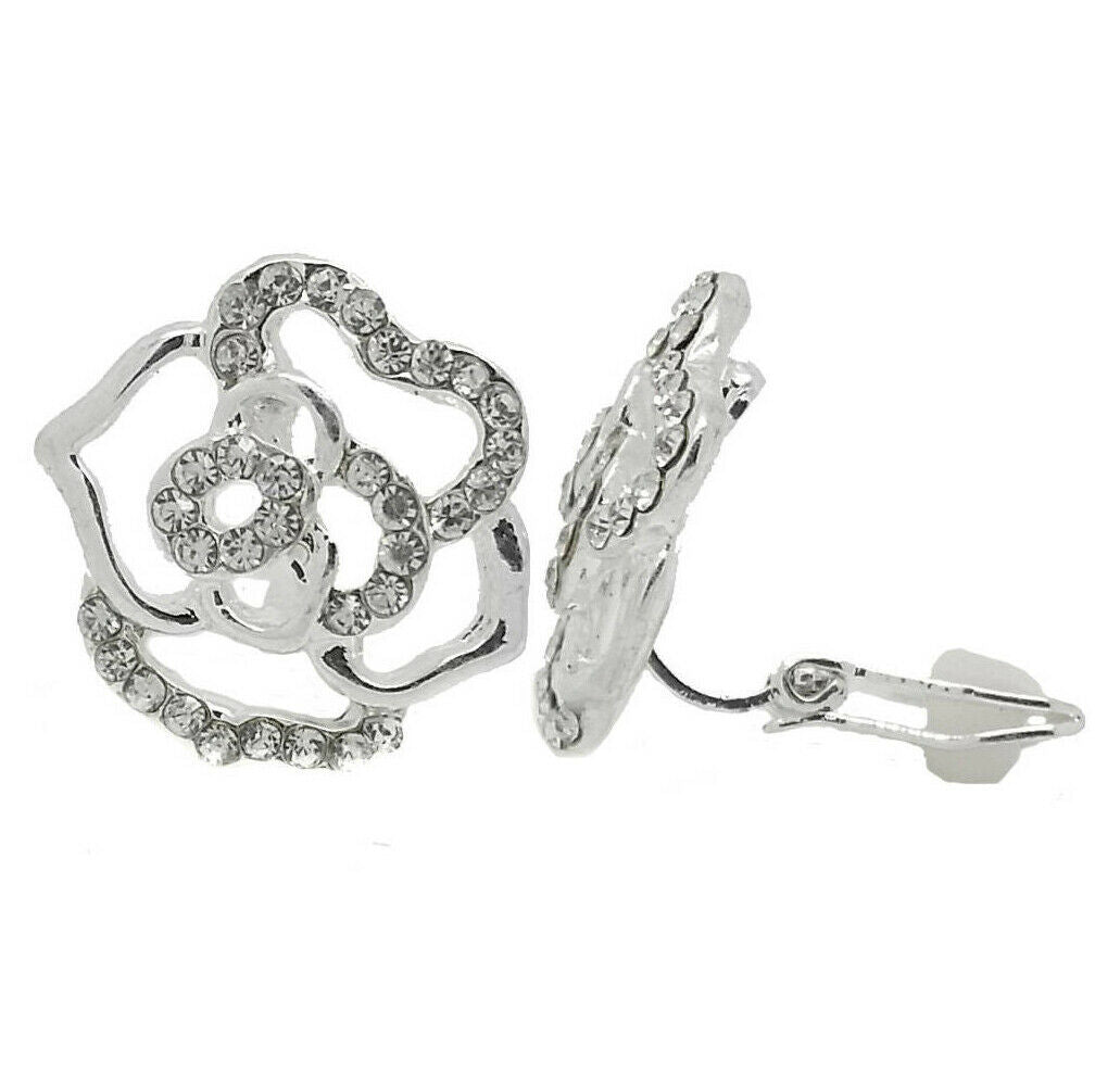 Silver Plated Crystal Rose Womens Ladies Girls Kids CLIP ON Earrings Studs CZ