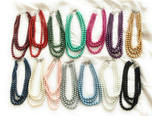 Womans Faux Pearl 3 Layer Multi Strand Gatsby Necklace Statement Bib Vintage UK