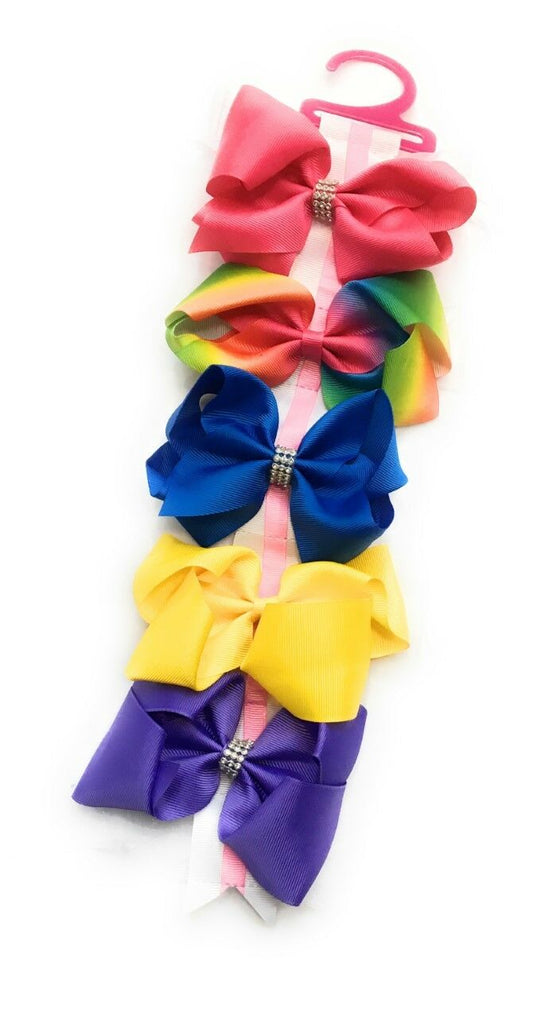 5 Girls Huge Big Hair Bow Set with Bow Holder & Gift Bag - Rainbow Yellow Pink