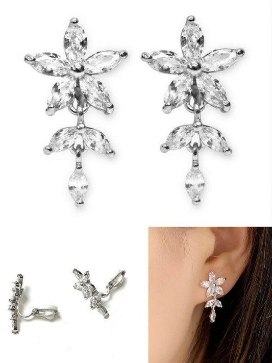 Silver Flower Zircon Crystal Drop Dangle Clip On Earrings Bridal Non Pierced UK
