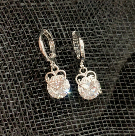 Quality Platinum Silver Plated Love Heart Zircon Crystal Dangle Drop Earrings UK
