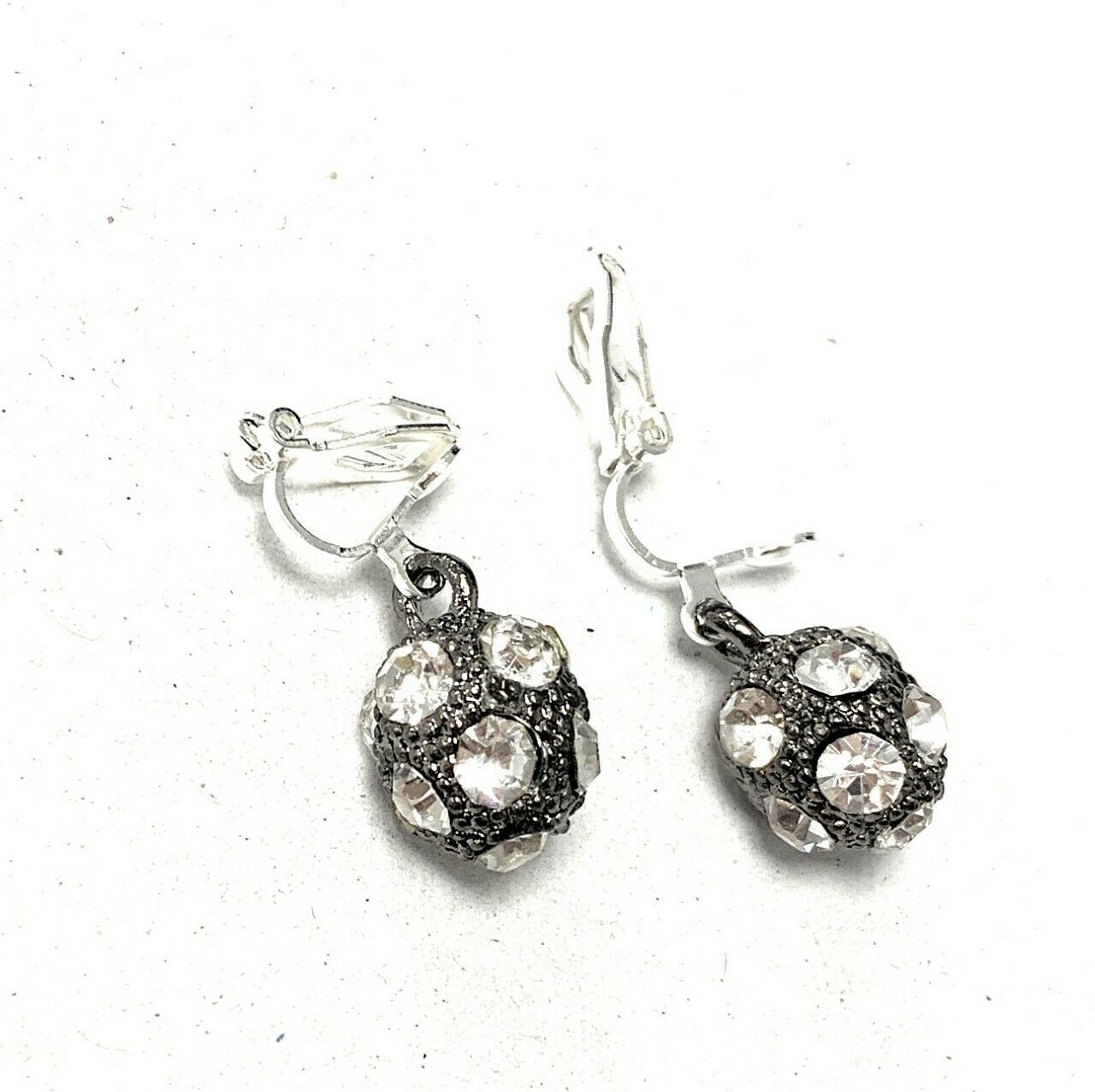 Metallic Grey Shamballa Disco Ball Dangle Drop Crystal Earrings CLIP ON Pierced