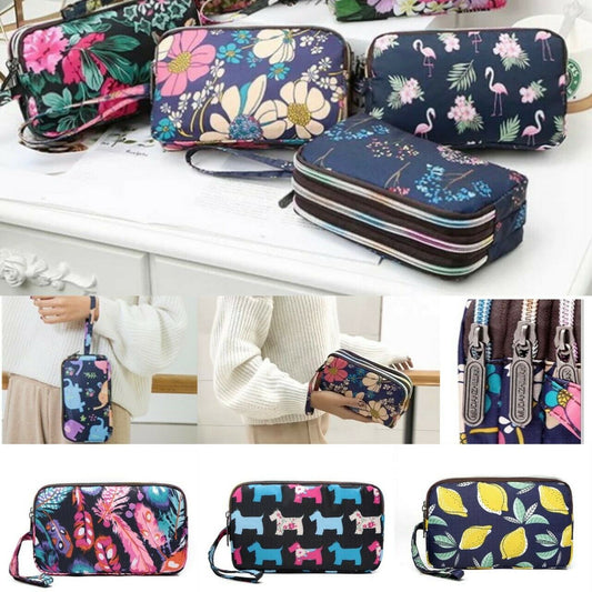 Fun PVC Canvas Wallet Purse Pouch Triple Zip w/ Wrist Strap Wristlet Clutch Bag