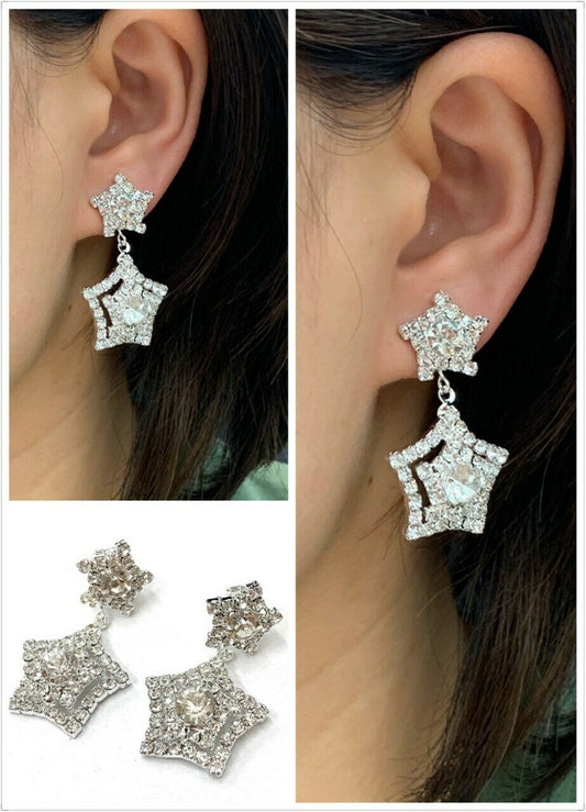 Silver Diamante Star Drop Dangle Clip On Earrings Crystal Bridal Non Pierced