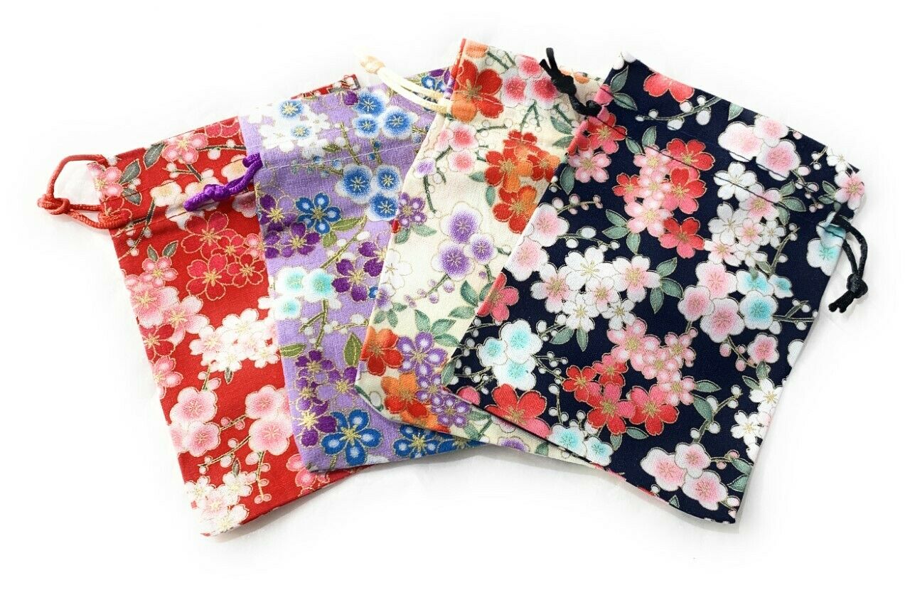 4 x Japanese Sakura Jewellery Drawstring Wedding Favour Pouches Gift Bags Set UK