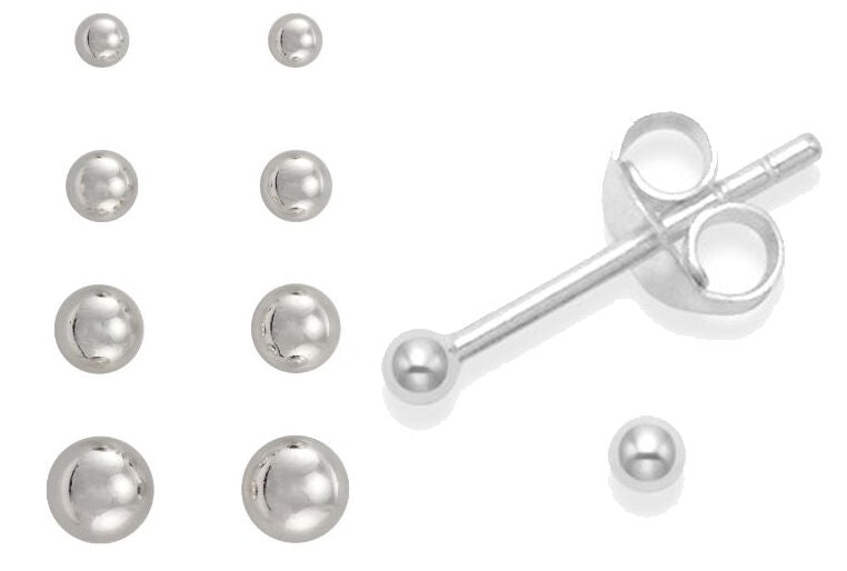Pair SILVER Plated EARRINGS Plain Ball Stud WOMENS MENS Small Tiny