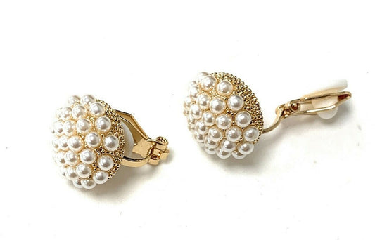 Gold Tone Non-Pierced Pearl Half Ball Stud Clip On Earrings Cushion Comfy Studs