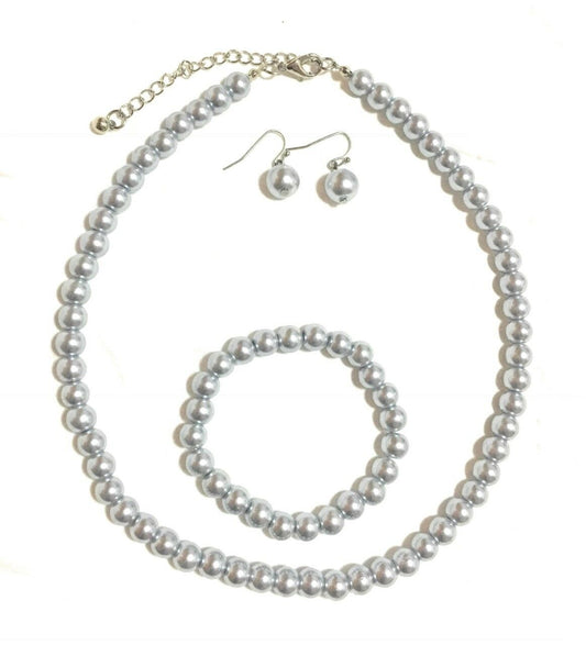 Silver Grey Faux Pearl Necklace Bracelet Earrings Wedding Bridal Jewellery Set