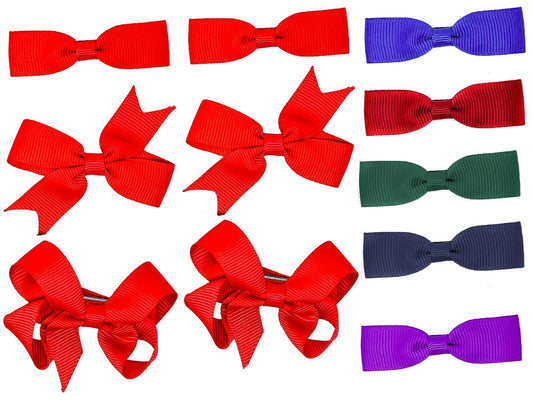 6 PIECE /3 Pairs SET Girls Small Hair Bows Grosgrain Ribbon Clips School Colours