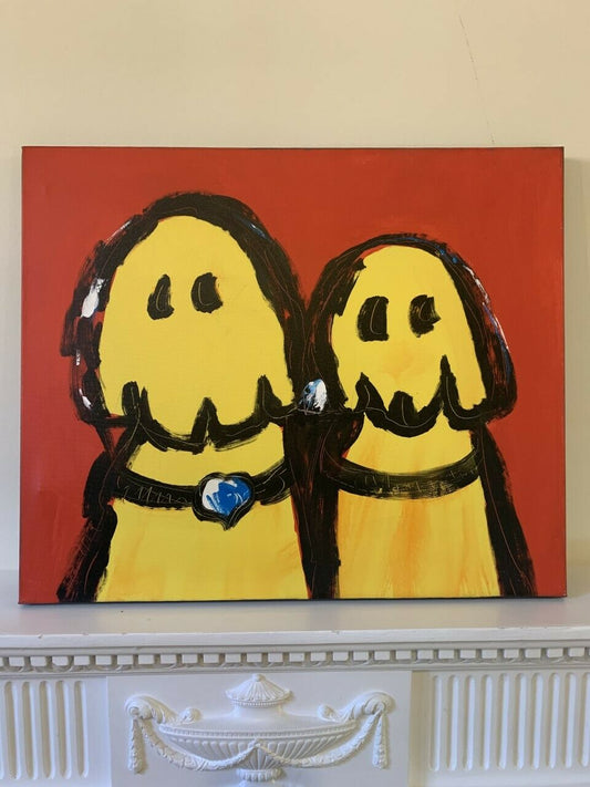 Framed Stretched 50 x 60cm Oil Painting Canvas Wall Art Dogs Portrait Golden UK