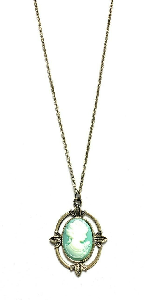 Girls Ladies Vintage Style Bronze Green Lady Cameo Pendant Necklace Chain Retro