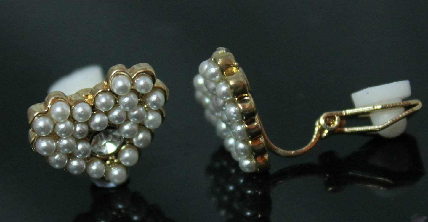Gold Plated Heart Pearl Crystal Girls Womens CLIP ON Earrings Studs Clipon
