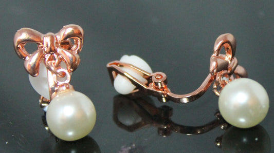 Classic Rose Gold Tone Bow w/ Pearl Drop Girls Womans CLIP ON Earrings