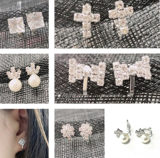 Silver Tone Diamante Crystal Clips Clip On Earrings Studs Bridal Non Pierced UK