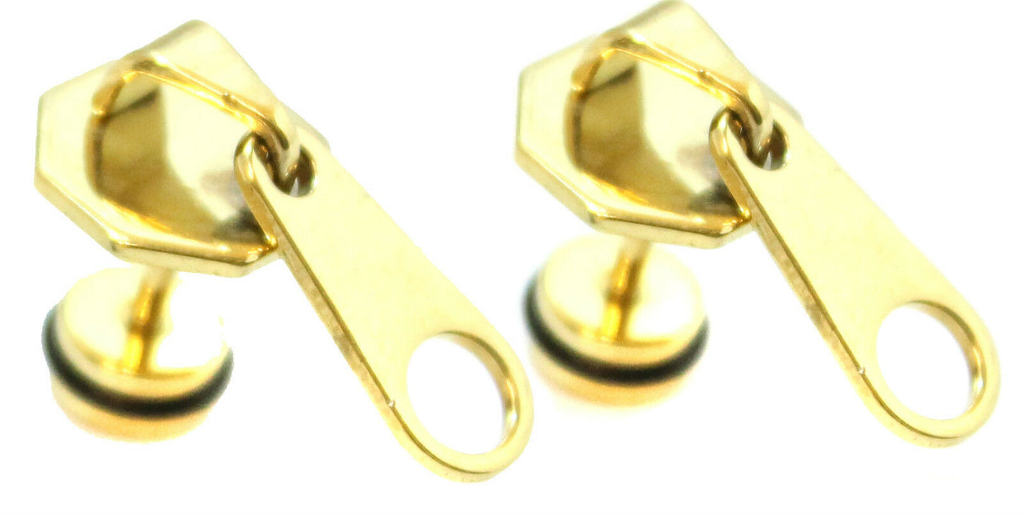PAIR Zip Zipper Stretcher Gothic Plug Upper Stainless Steel MENS Earrings Fake