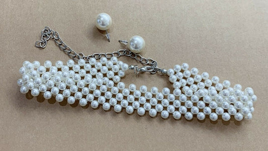 Classic Faux Pearl Wide Necklace Choker Earrings Studs Set Vintage Gatsby Collar