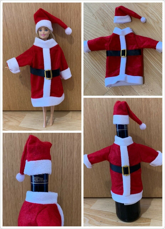 Red Christmas Santa Dress Hat Outfit as Wine Bottle Cover - Fits Barbie Dolls