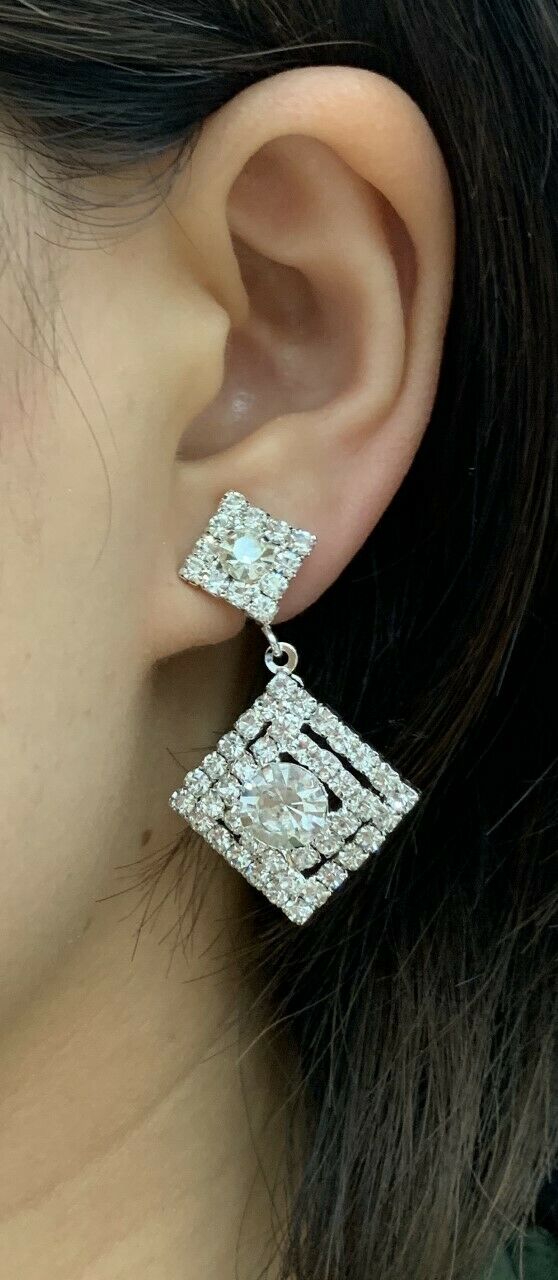 Silver Diamante Square Drop Dangle Clip On Earrings Crystal Bridal Non Pierced