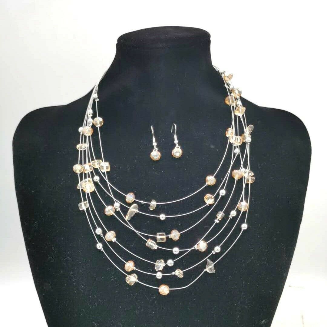 Natural Stone Crystal Multi Layer Bib Statement Necklace and Earrings Gift Set