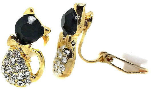Kitty Cat Earrings rhinestone Gold Black design Clip On Studs Costume Jewellery