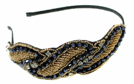GREAT GATSBY ART DECO 1920s FLAPPER BLACK GOLD CRYSTAL BEAD HEADBAND HAIRBAND RI