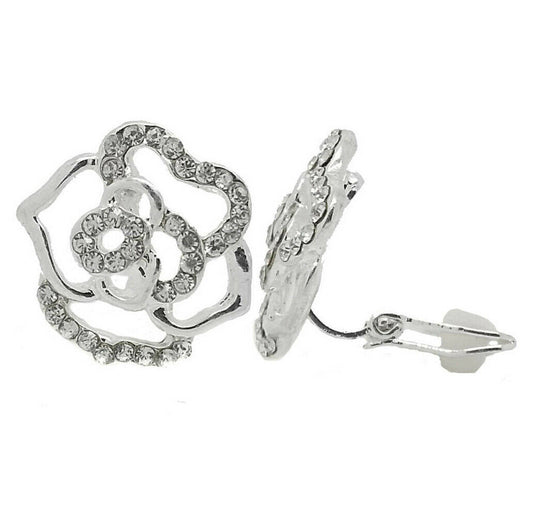 Silver Plated Crystal Rose Womens Ladies Girls Kids CLIP ON Earrings Studs CZ