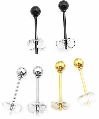 Tiny 3mm Ball Stainless Steel Earrings Studs in Pair Choose Gold Black or Silver