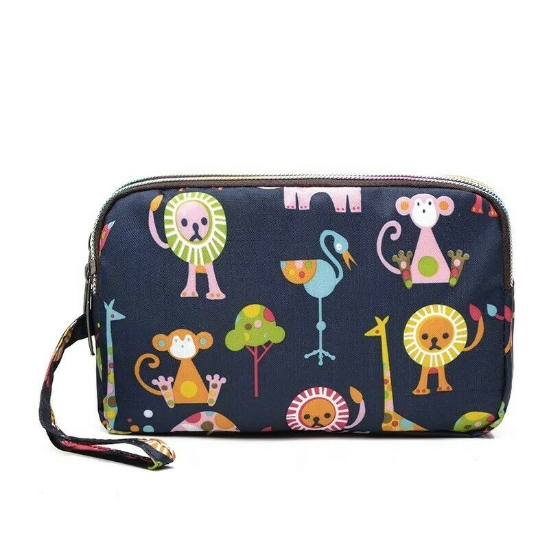 Zoo animals Fun PVC Canvas Wallet Purse Pouch Triple Zip w/ Wrist Strap Wristlet Clutch Bag