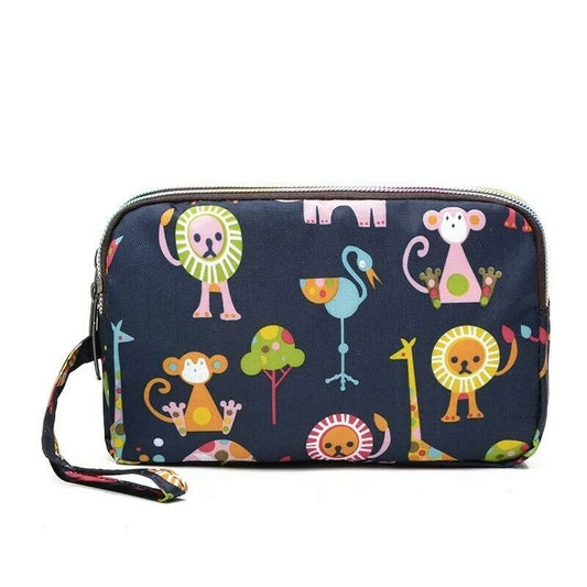 Zoo animals Fun PVC Canvas Wallet Purse Pouch Triple Zip w/ Wrist Strap Wristlet Clutch Bag