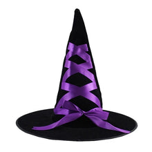 Load image into Gallery viewer, Black velvet witch hat with purple ribbon criss-crossed up the front and tied in a bow
