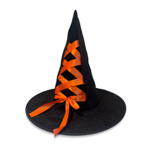 Load image into Gallery viewer, Black velvet witch hat with orange ribbon criss-crossed up the front and tied in a bow