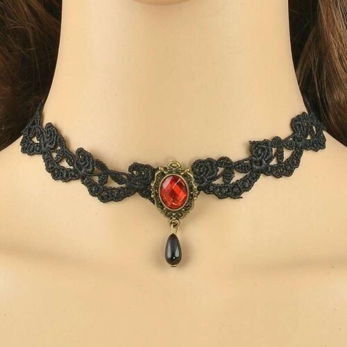 Black Lace Victorian Vintage Gothic Red Gem Chain Collar Choker Necklace Pendant