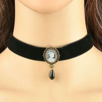 Vintage Gothic Black Velvet Choker 20mm Necklace Lady Cameo Pendant Drop Retro