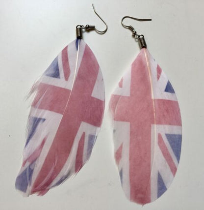 Union Jack Feather Drop Earrings White Red Blue
