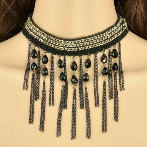 Victorian Gothic Black Gold lace Beads Chain Bib Choker Statement Necklace