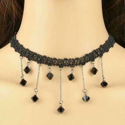 Black Lace Victorian Vintage Chain Collar Choker Beads Bib Necklace Pendant