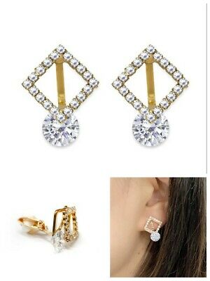 Girls Gold Brilliant Cut Zircon Drop Crystal Square CLIP ON Earrings Stud Studs