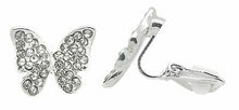 Load image into Gallery viewer, Butterfly Non-Pierced Crystal Silver Stud Diamante Clip On Earrings CZ Cushion